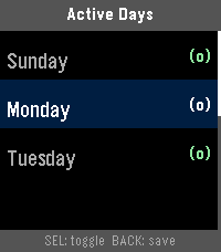 NapBuster active days picker with Sunday, Monday, Tuesday toggled on