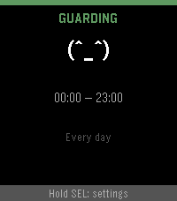 NapBuster GUARDING screen: green happy ASCII face, schedule 00:00 to 23:00, every day