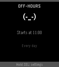NapBuster OFF-HOURS screen: neutral ASCII face, guard starts at 11:00