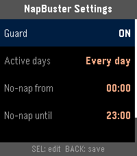 NapBuster settings screen: guard toggle, active days, no-nap window hours